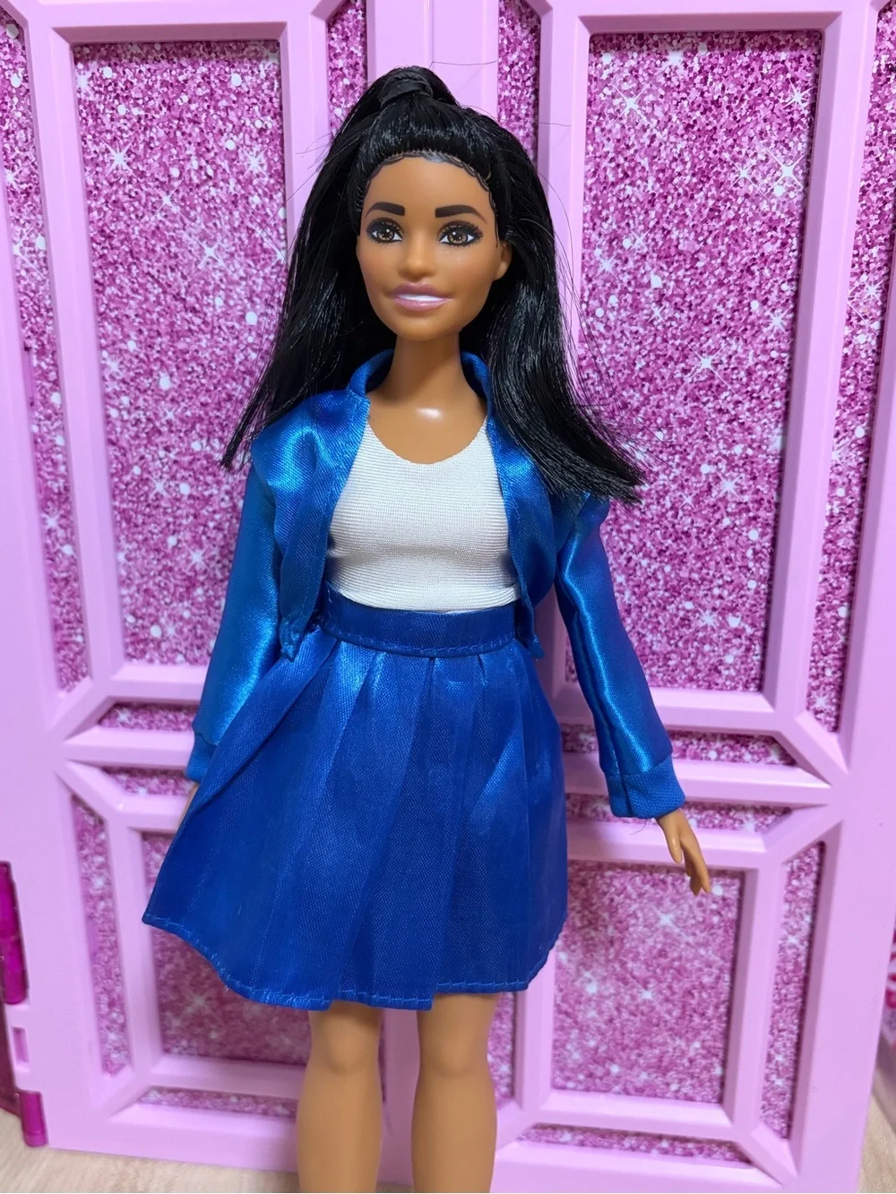 Barbie Doll in Shiny Blue Satin Jacket and Skirt